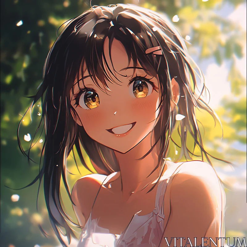 AI ART Joyful Anime Girl with Golden Eyes and Sunlit Background