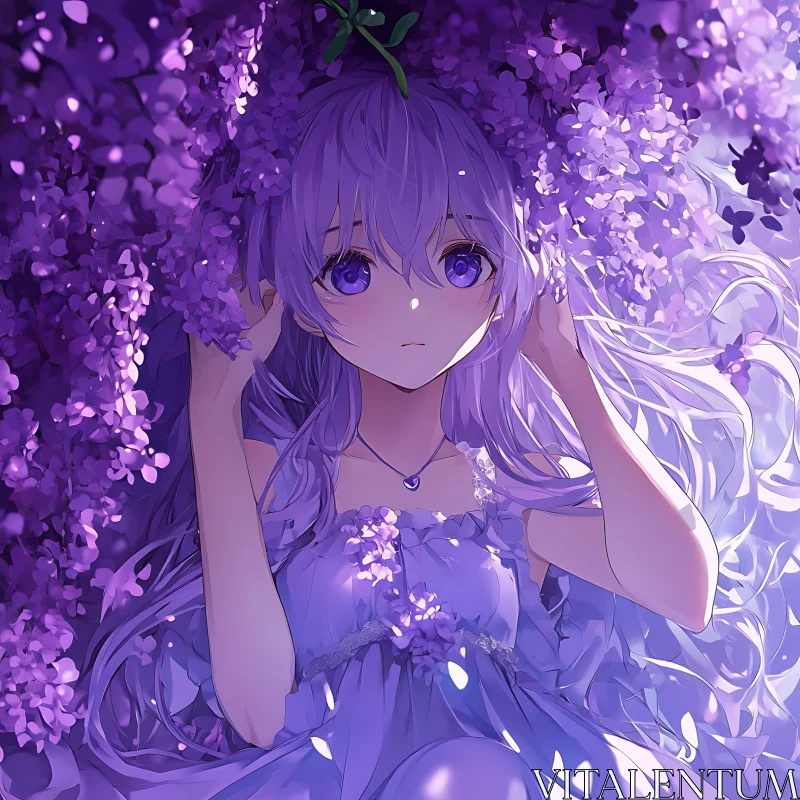 Dreamy Anime Character in Lavendar Bloom AI Image