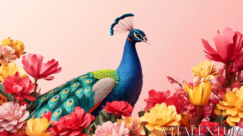 AI ART Peacock with Colorful Floral Arrangement