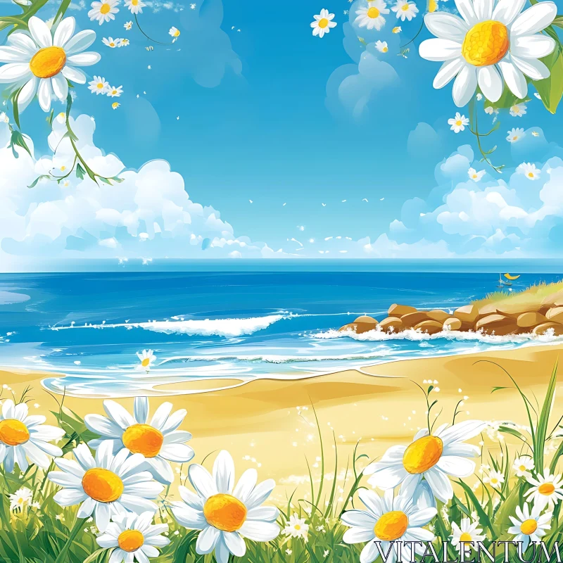 Coastal Daisies: A Summer Beach Scene AI Image