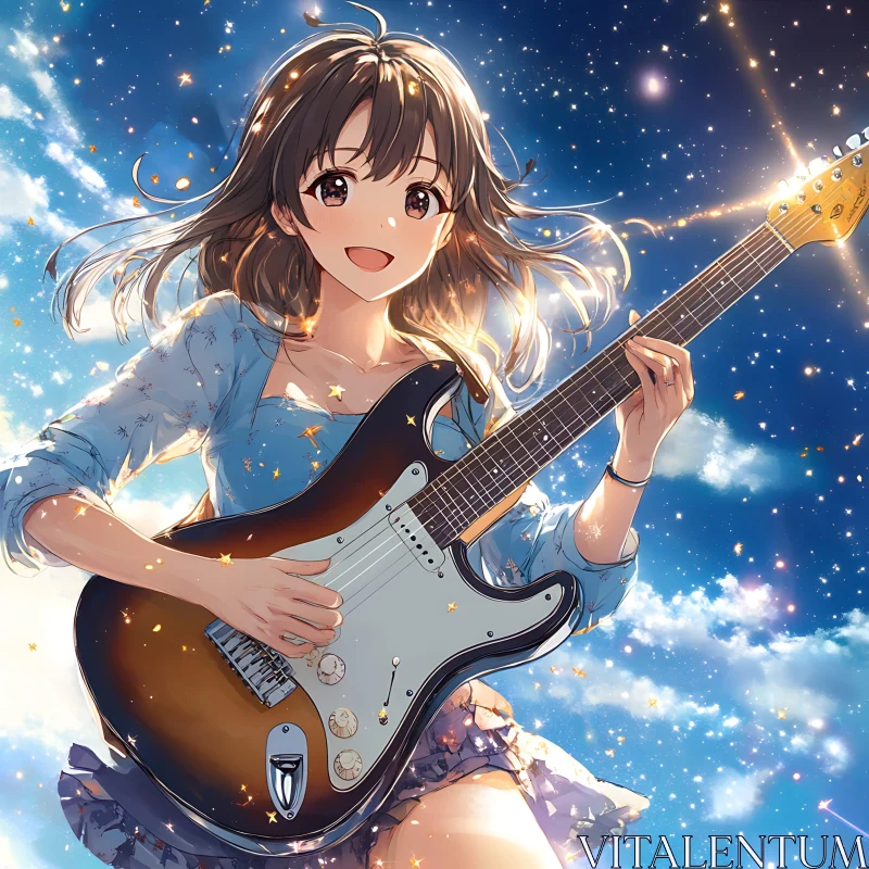 Joyful Anime Girl Playing Guitar Among Stars AI Image