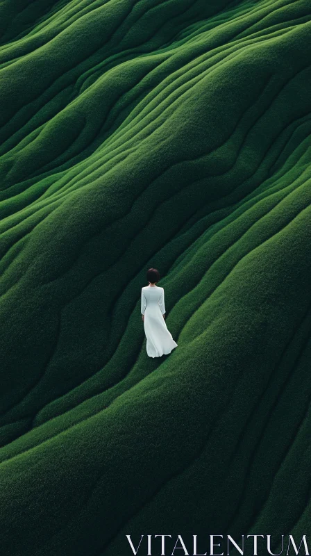 AI ART Solitary Figure in Flowing White Dress in Lush Green Terrain