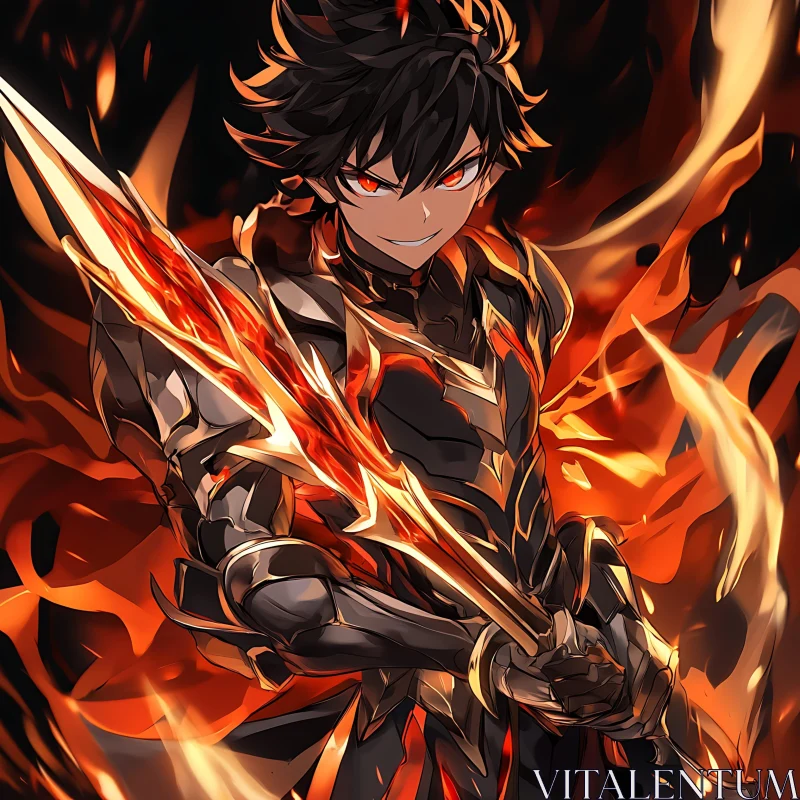 Fiery Anime Warrior with Flaming Sword AI Image