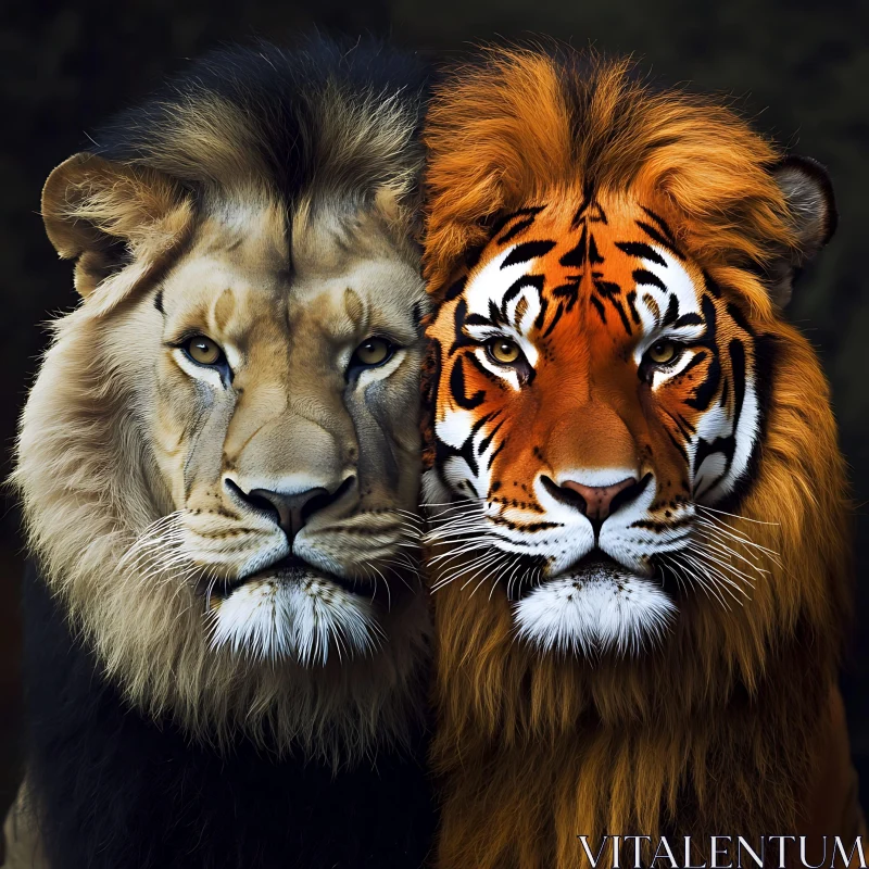 Dual Majesty: Lion and Tiger Fusion AI Image