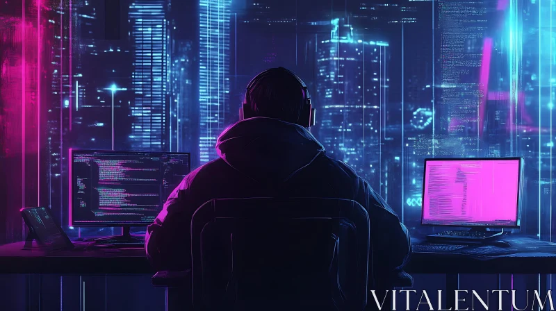 Night Coder in Futuristic City AI Image