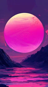 Fantasy Landscape Featuring a Mystical Pink Moon