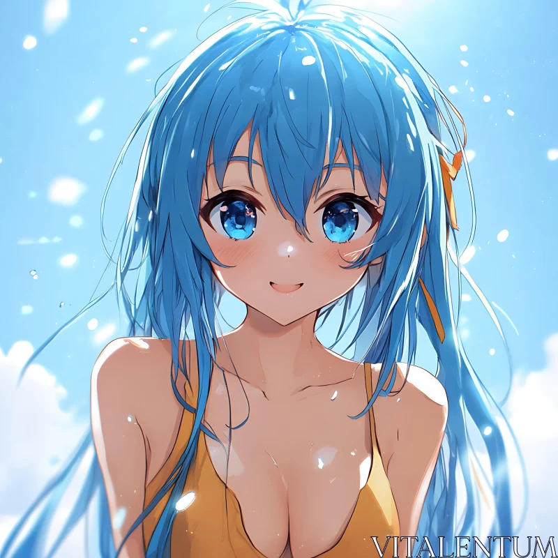 Charming Blue-Haired Anime Girl in Sunlit Scene AI Image