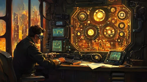 Man Analyzing Data in a Futuristic Control Room