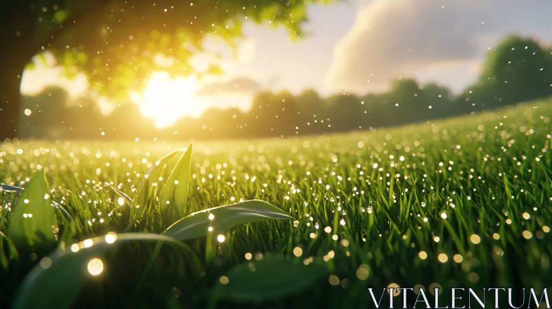 AI ART Sunlit Field with Dew-covered Grass