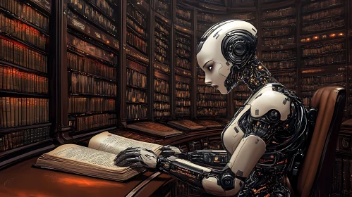 Robot Reads Book In Ancient Library
