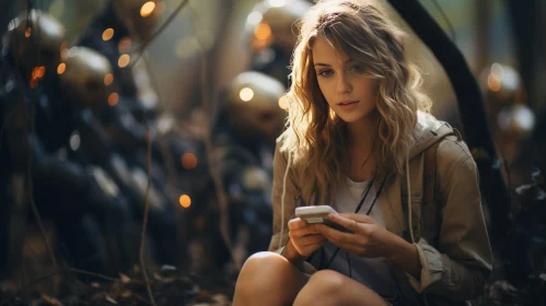 Girl with Phone in Forest - Soft Lighting and Earthy Colors