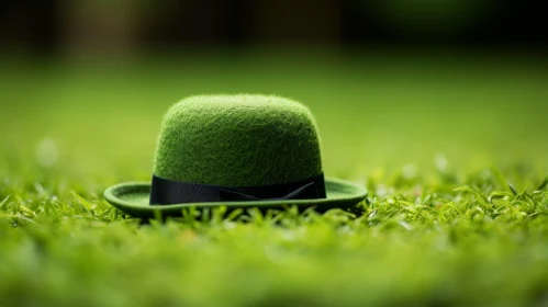 Green Top Hat on Grass - Captivating Monochromatic Scene