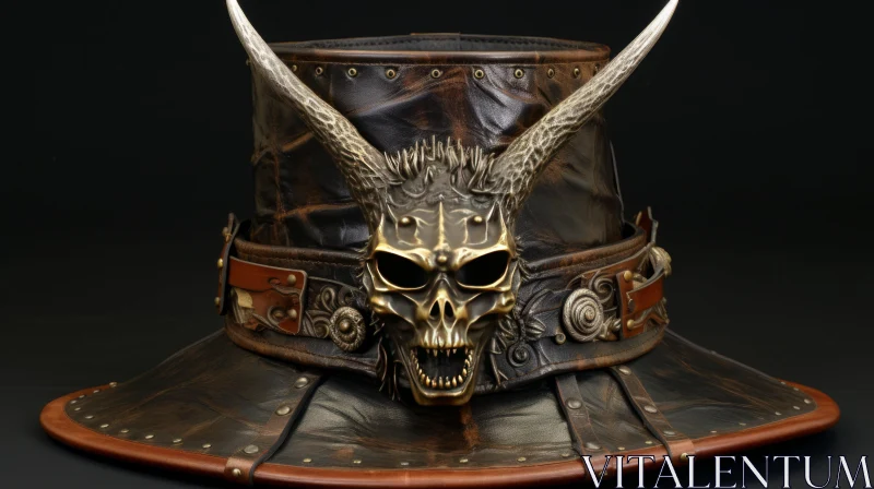 Skull in Leather Hat with Horns and Horn Plates - Dracopunk Art AI Image