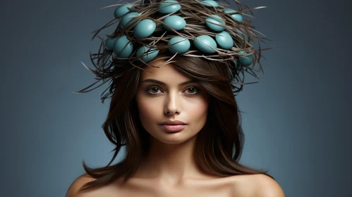 Stunning Woman with Blue Eggs on Head - Ultra Realistic Art