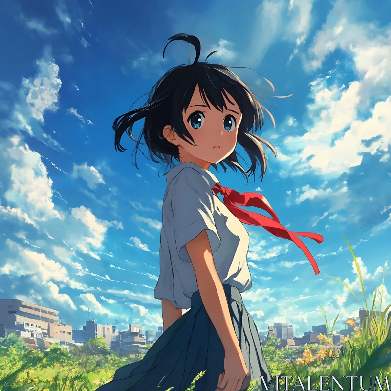 Anime Schoolgirl on a Windy Day AI Image