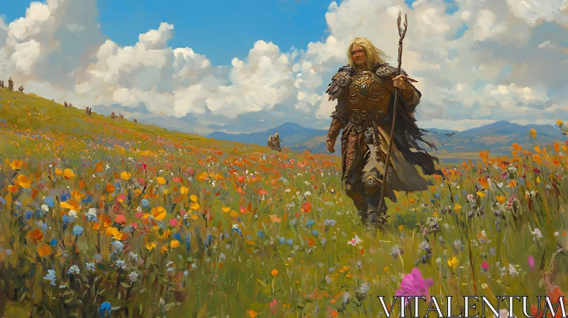 AI ART Man in Armor Walking Through Flower Meadow