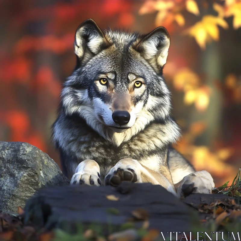 Gray Wolf in Fall Foliage AI Image