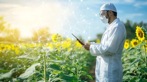 Scientist Analyzing Sunflower Crop Data