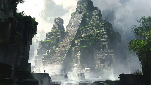 Misty Temple Ruins with Distant Explorer