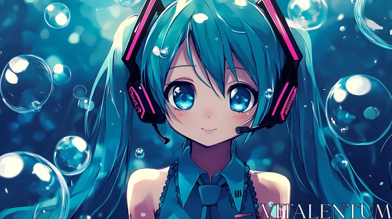 Underwater Anime Girl with Bubbles and Headphones AI Image