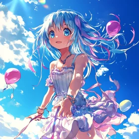 Cheerful Blue-Haired Anime Girl Holding Balloons