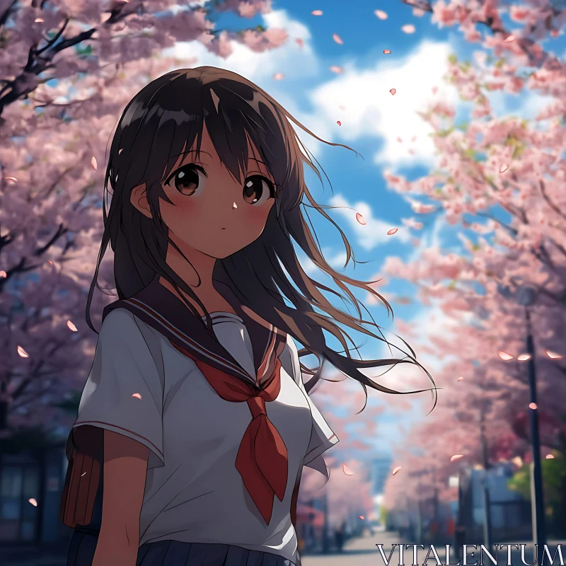 Serene Anime Girl Amidst Cherry Blossoms AI Image