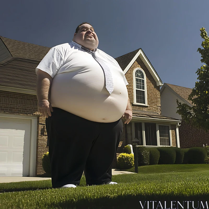 Overweight Man in Front of House AI Image