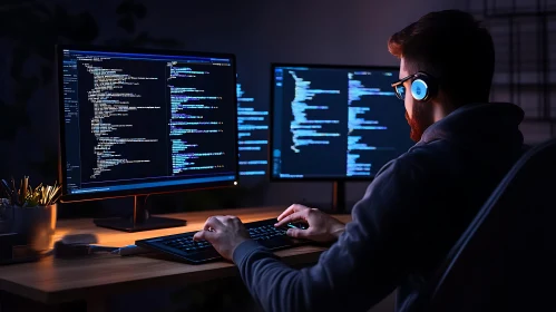 Man Coding on Dual Monitors