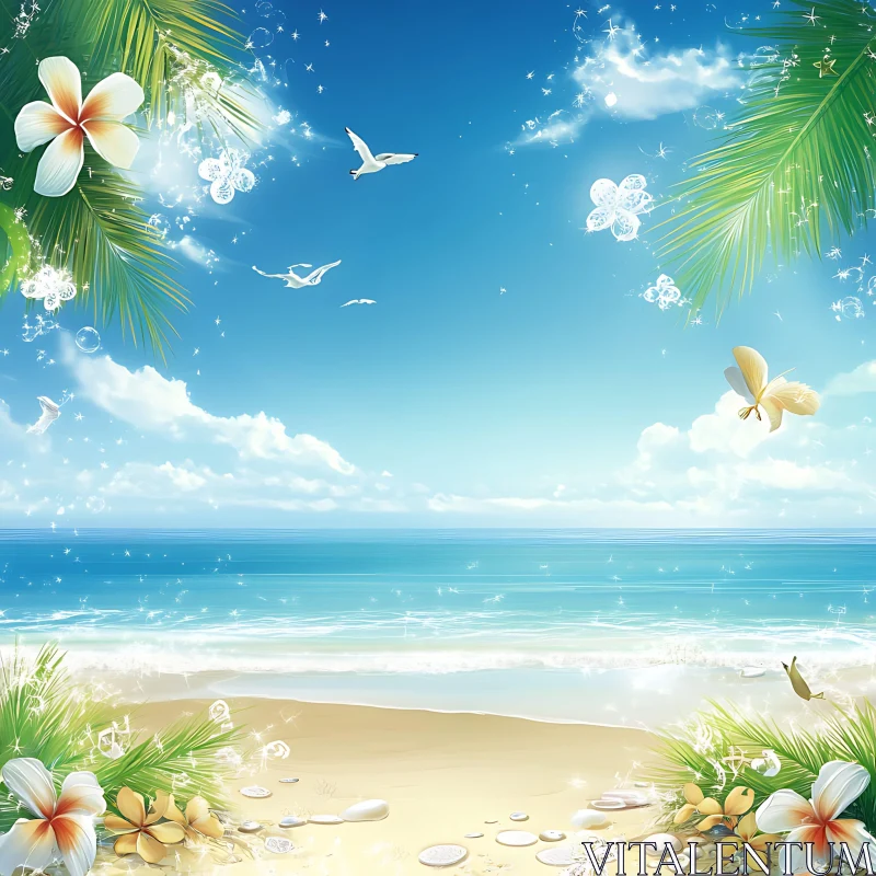 AI ART Seascape with Birds and Tropical Plants