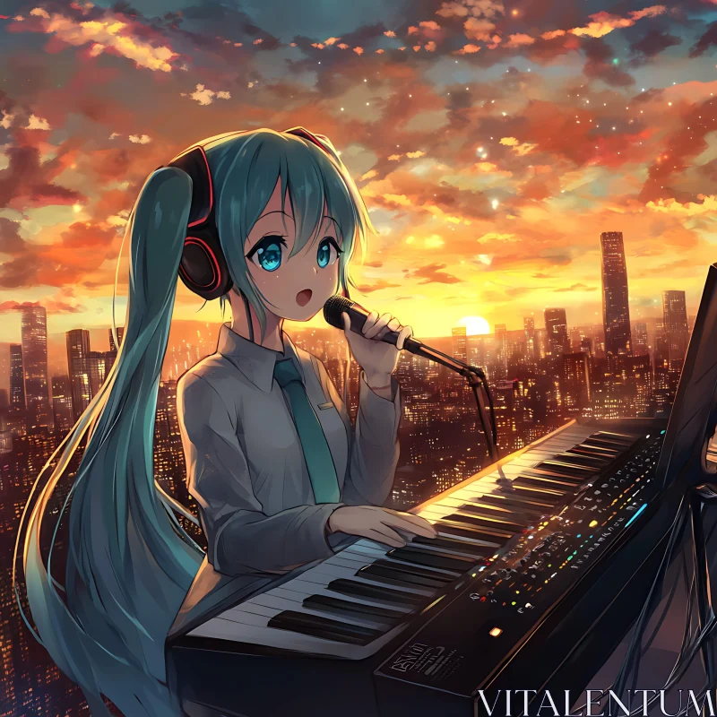 AI ART Sunset Cityscape Performance by Anime Character