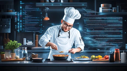 Futuristic Culinary Scene with Chef and Digital Code