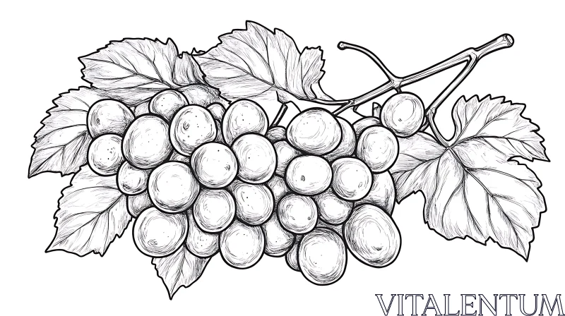 Monochrome Grape Bunch with Leaves AI Image