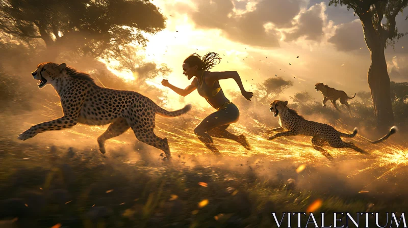 Cheetahs and Woman in Golden Light AI Image