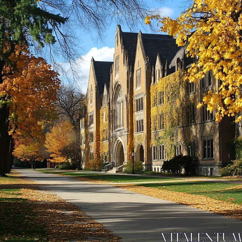 Historic Academic Building in Autumn Setting AI Image