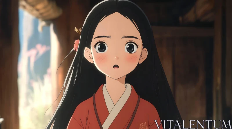 Surprised Anime Girl in Red Kimono AI Image