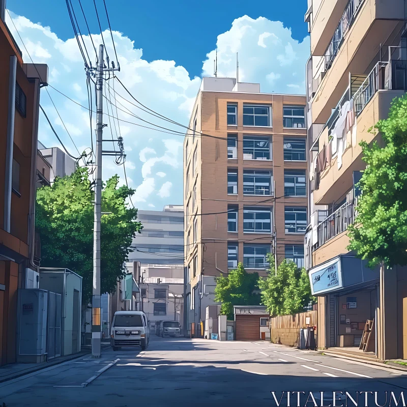 Serene City Street with Sunlit Buildings and Trees AI Image