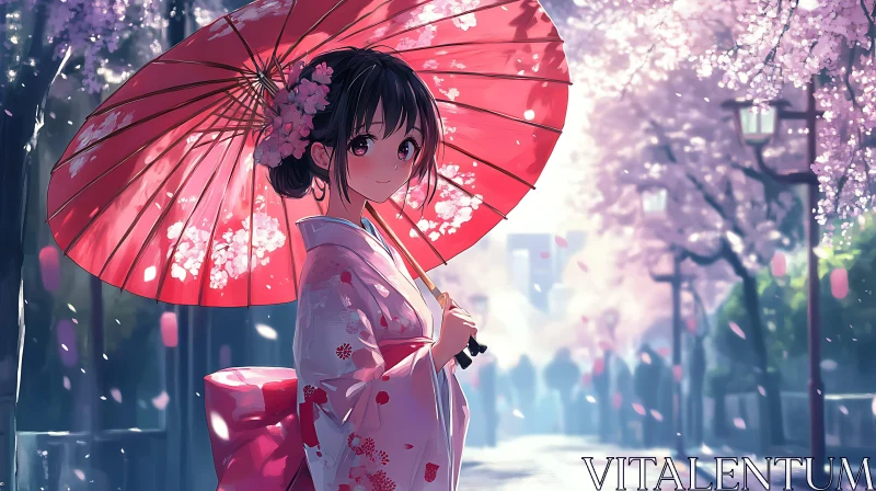 Serene Anime Girl with Red Umbrella and Cherry Blossoms AI Image