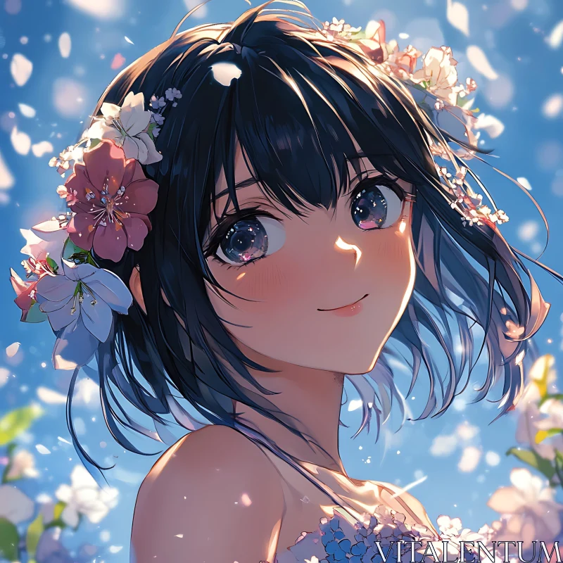 Springtime Anime Portrait of Floral Adorned Girl AI Image