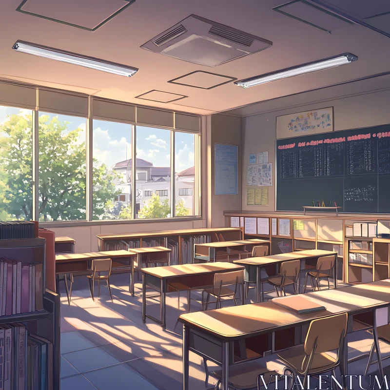 AI ART Bright Classroom with Large Windows and Organized Desks