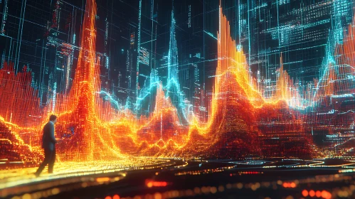 Man Walks Through Glowing Data Charts