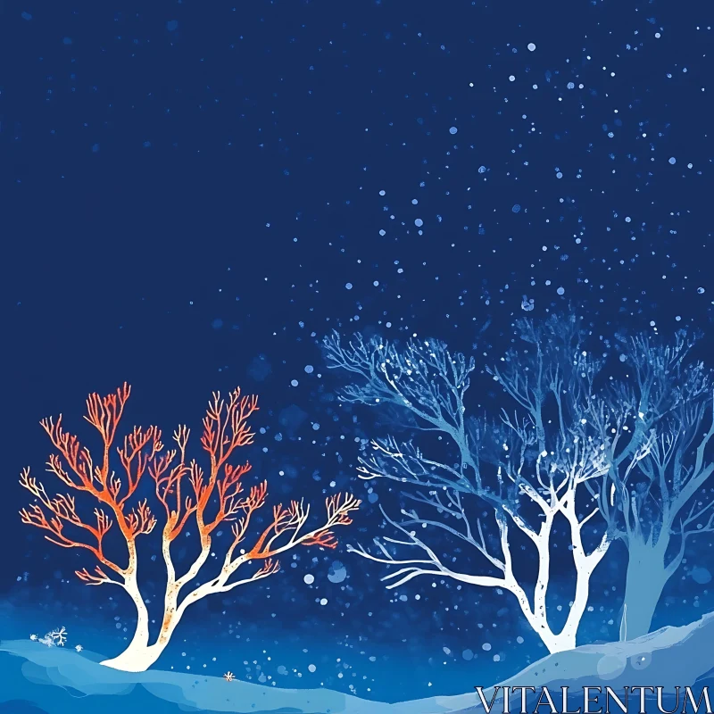 Snowy Night Tree Illustration AI Image