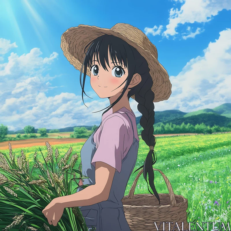 Young Girl in Straw Hat Collecting Wheat in Anime Landscape AI Image