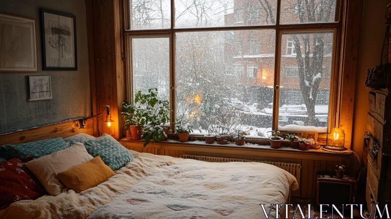 Warm Winter Interior with Snowfall Outside AI Image