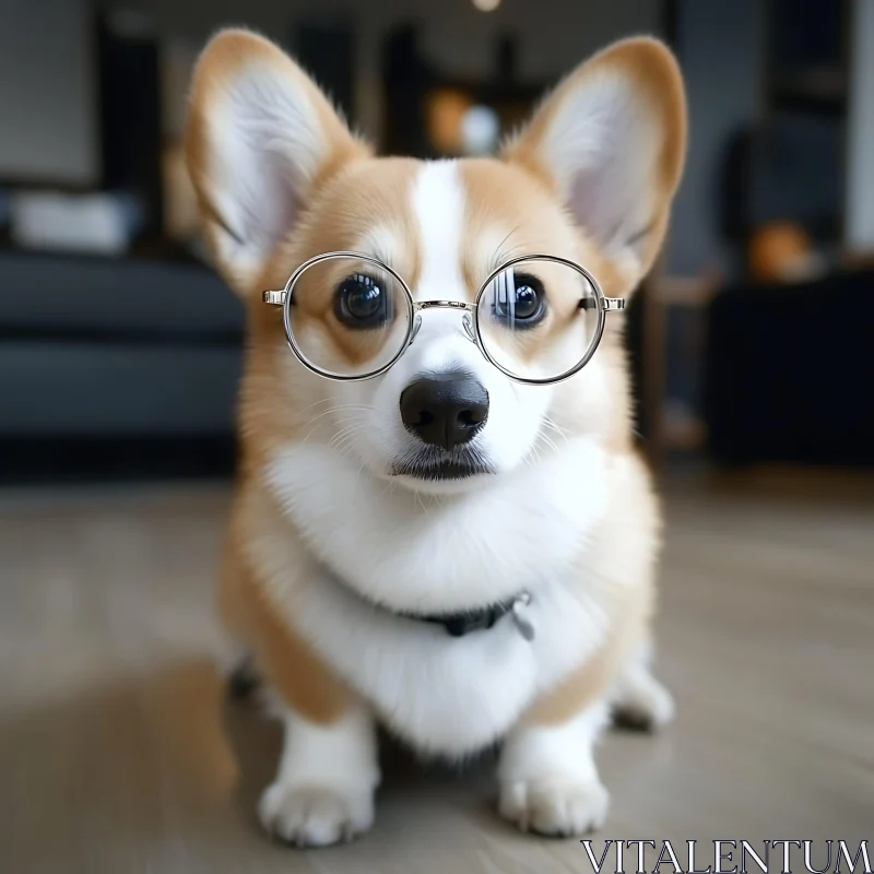 Cute Corgi Puppy Wearing Round Glasses AI Image