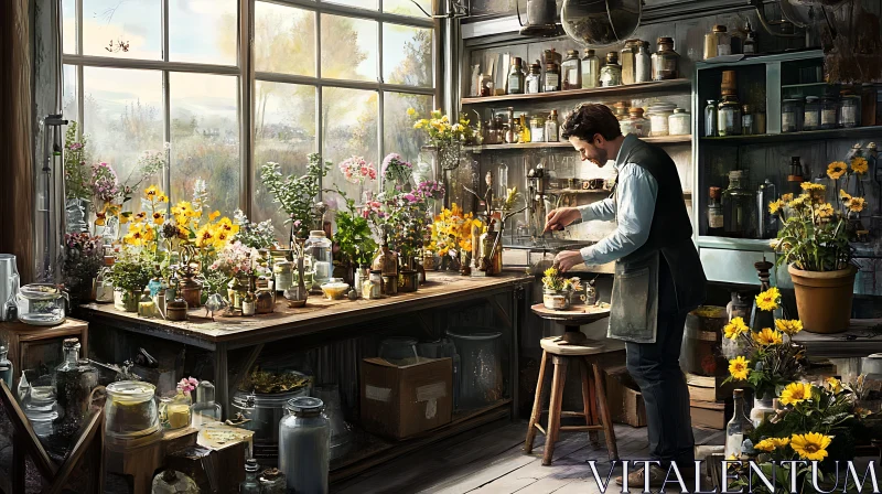 AI ART Sunlit Botanical Study with Man and Flowers