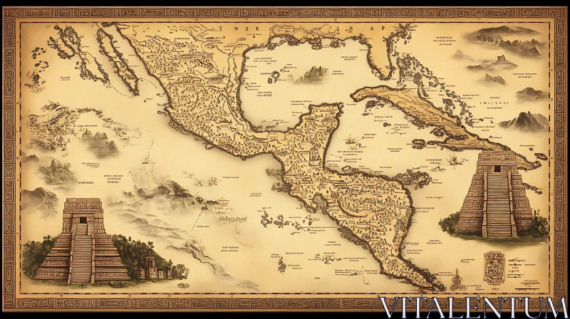 Antique Style Map with Mayan Pyramids AI Image