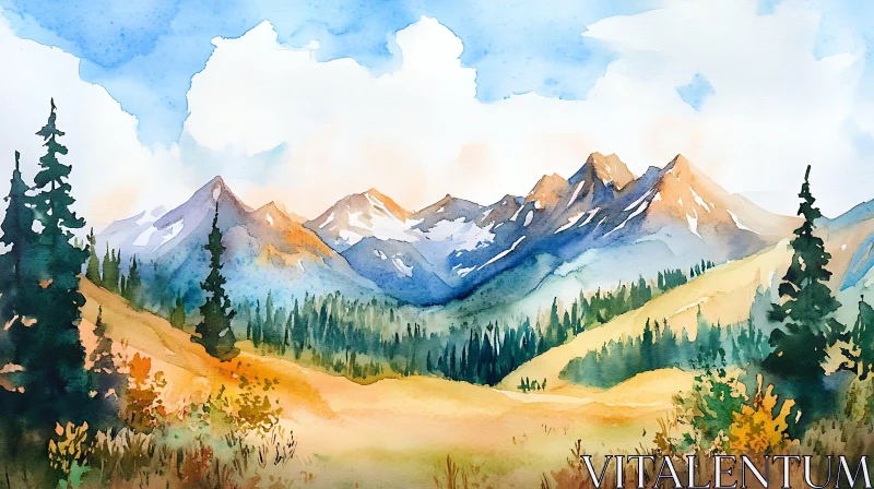 AI ART Peaceful Mountain Scene Watercolor Painting