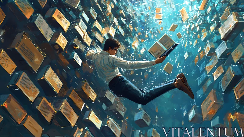 Man Reading Among Floating Books AI Image