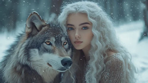 Snowy Embrace: Woman and Wolf Together