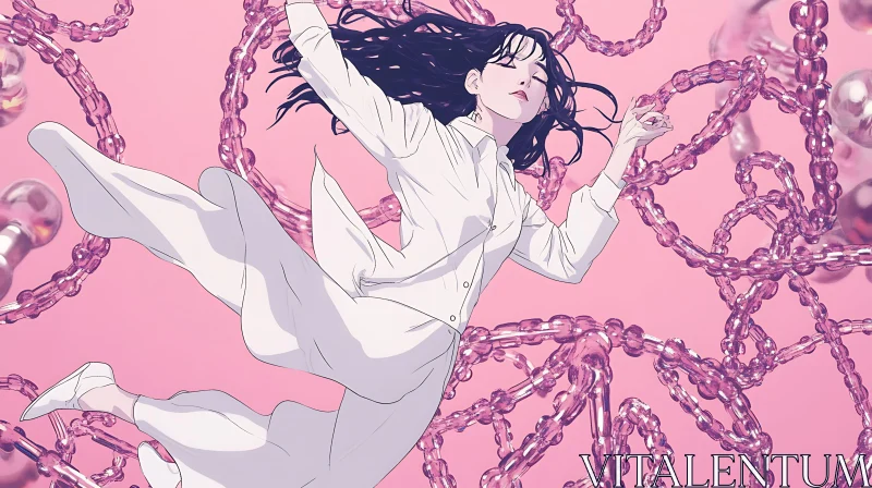 Floating Woman Surrounded by Chains in Pink AI Image